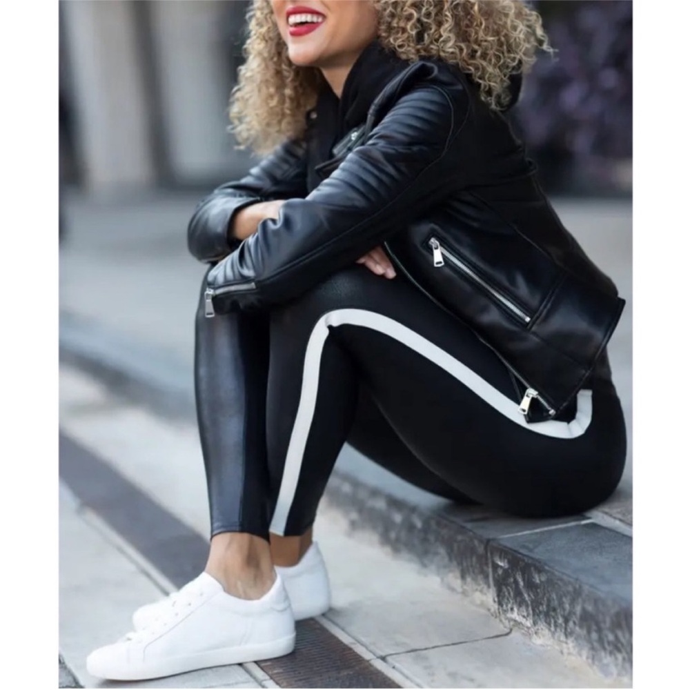 Spanx leather leggings with white side stripe